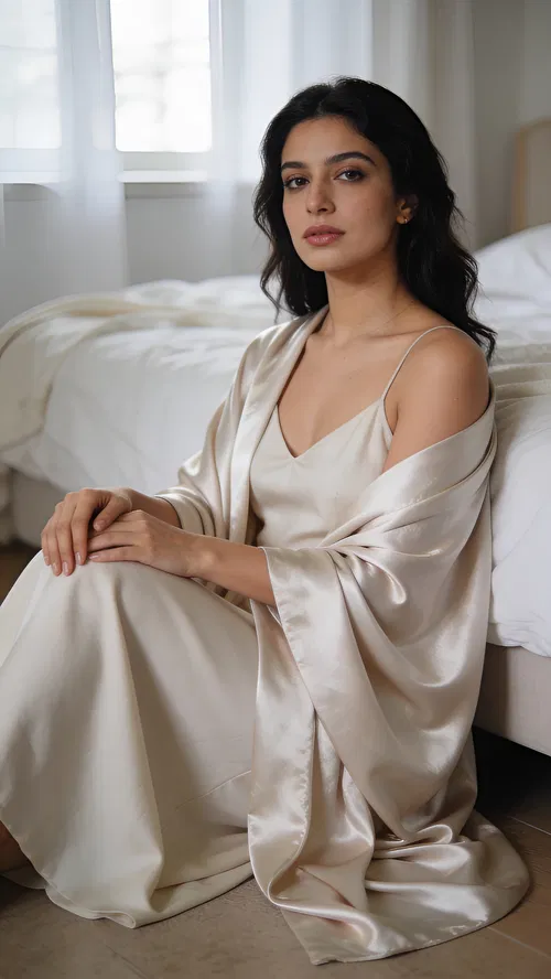 Middle Eastern woman seated beside bed, airy tasteful boudoir portrait