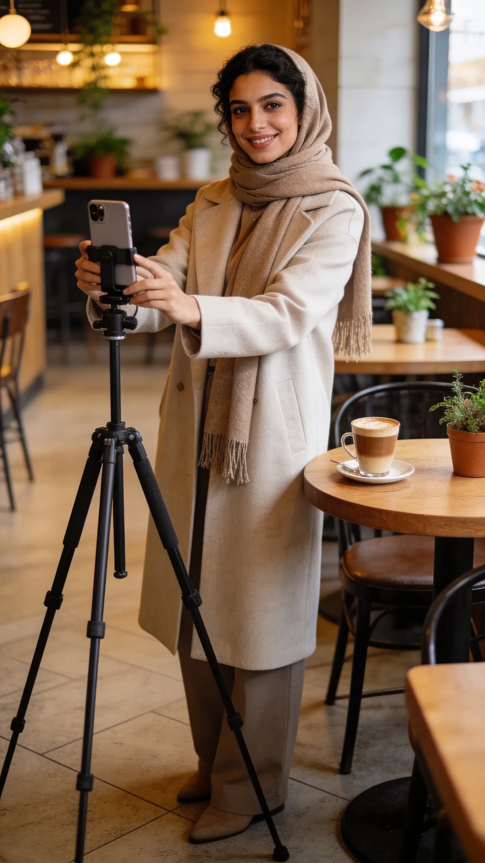 Middle Eastern woman setting up a café Instagram Story with tripod