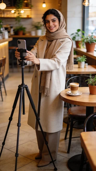 Middle Eastern woman setting up a café Instagram Story with tripod