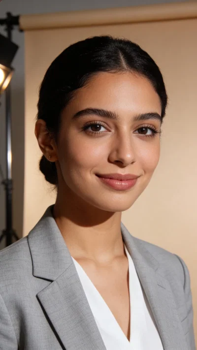 Middle Eastern woman studio headshot, warm neutral background and natural AI headshots style