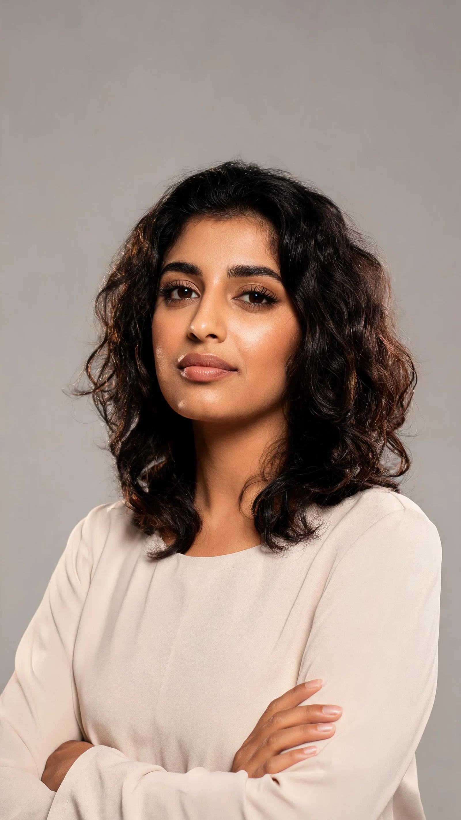 Middle Eastern woman studio portrait with arms crossed, poised confidence-building looksmaxxing image