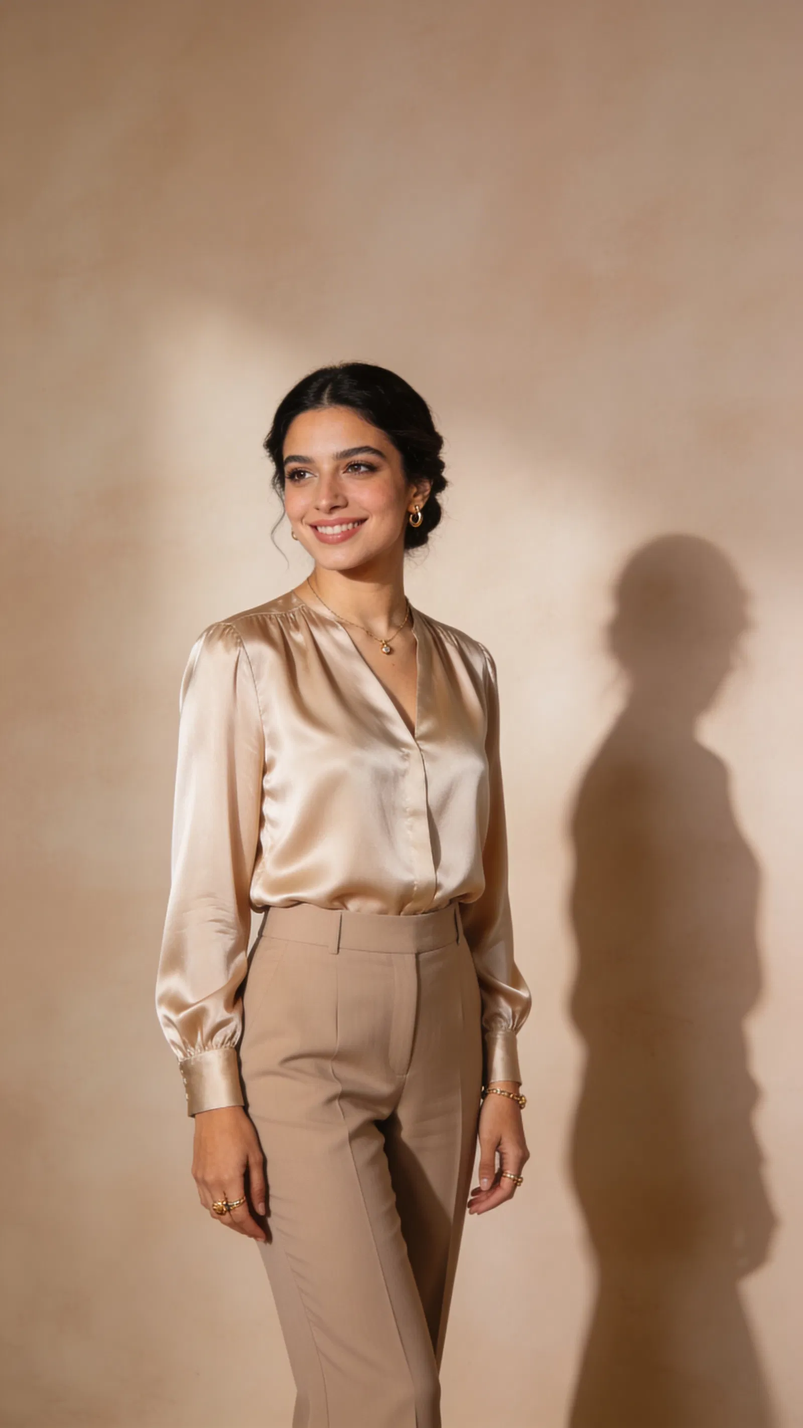 Middle Eastern woman studio three-quarter portrait with taupe background and soft contour lighting
