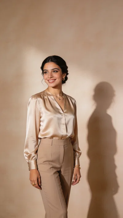 Middle Eastern woman studio three-quarter portrait with taupe background and soft contour lighting