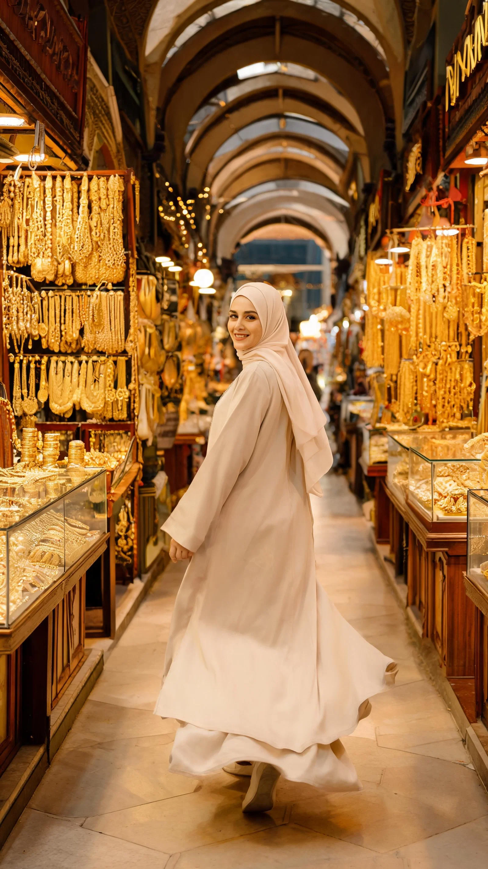 Middle Eastern woman walking in Dubai gold souk alley, travel influencer portrait