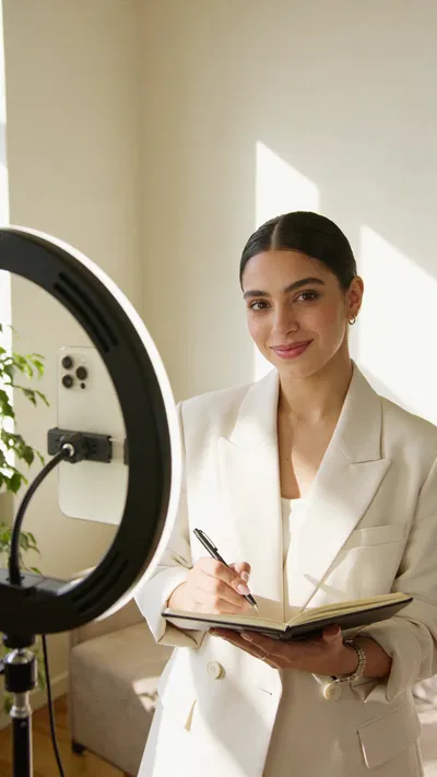 Middle Eastern woman with notebook in home studio branding portrait