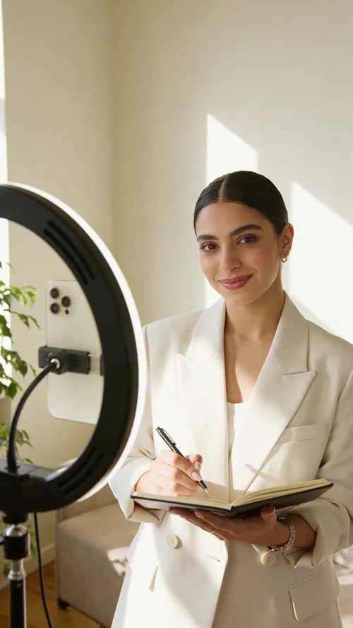 Middle Eastern woman with notebook in home studio branding portrait