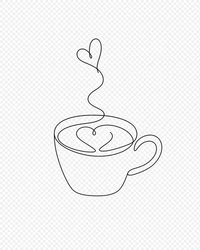 Minimal one-line coffee mug illustration, single black stroke, isolated on transparent background.