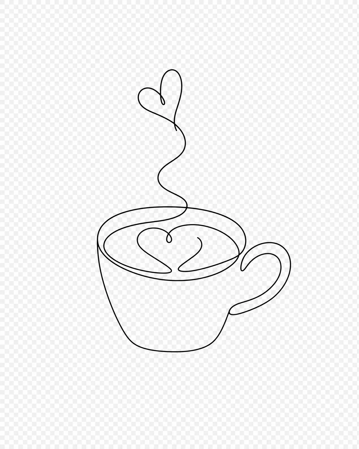 Minimal one-line coffee mug illustration, single black stroke, isolated on transparent background.