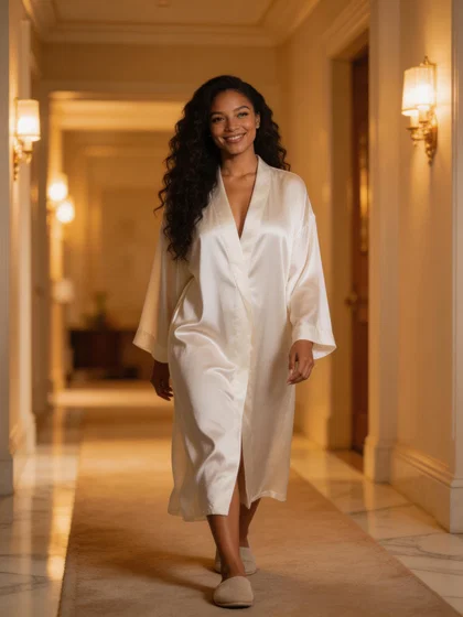 Mixed-ethnicity woman in satin robe walking confidently, full-body indoor portrait