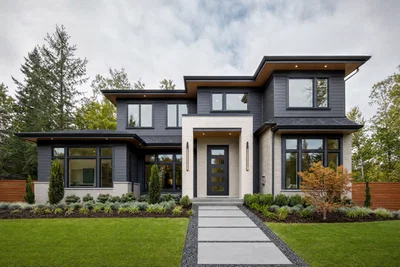 Modern home exterior photographed wide with straight verticals, soft daylight, and balanced HDR sky detail.