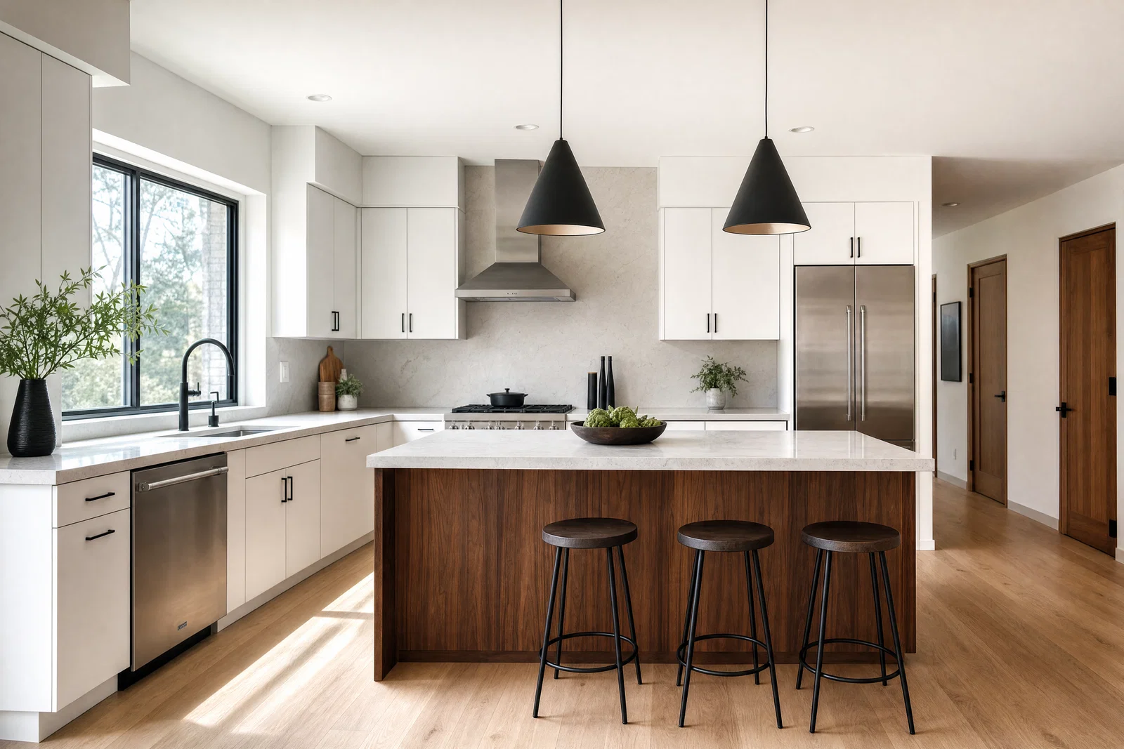 Modern white kitchen shot at 16mm with window daylight and balanced HDR whites.