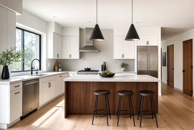 Modern white kitchen shot at 16mm with window daylight and balanced HDR whites.