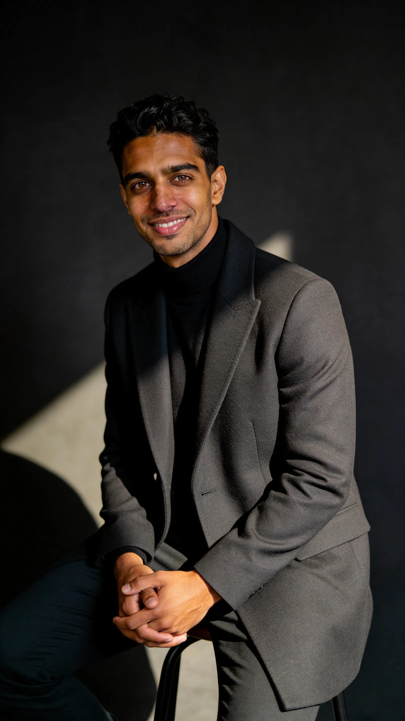 Moody studio seated portrait with sculpted editorial glamour lighting