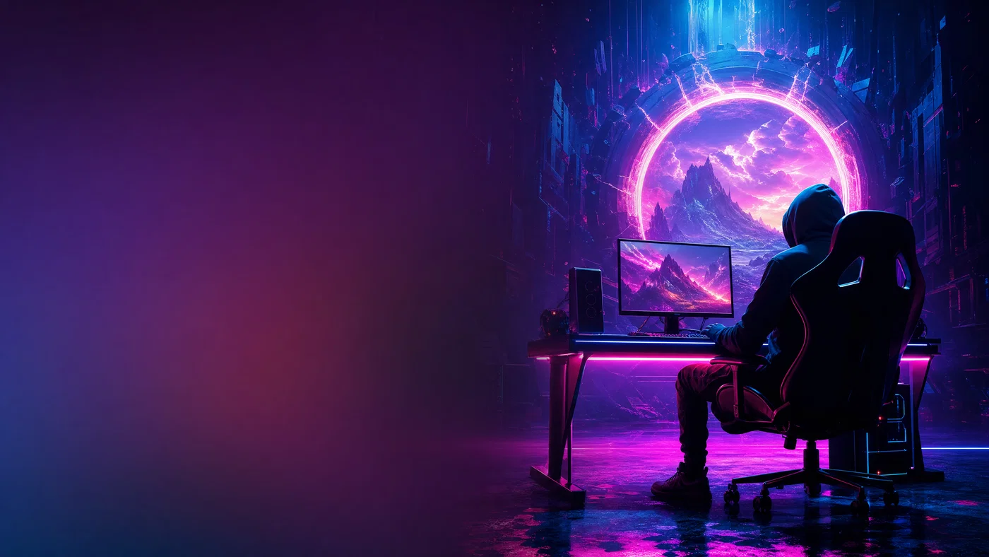 Neon gaming setup with gamer silhouette and large empty gradient space for thumbnail text