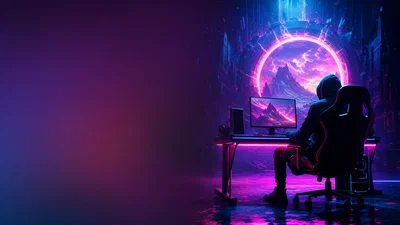 Neon gaming setup with gamer silhouette and large empty gradient space for thumbnail text