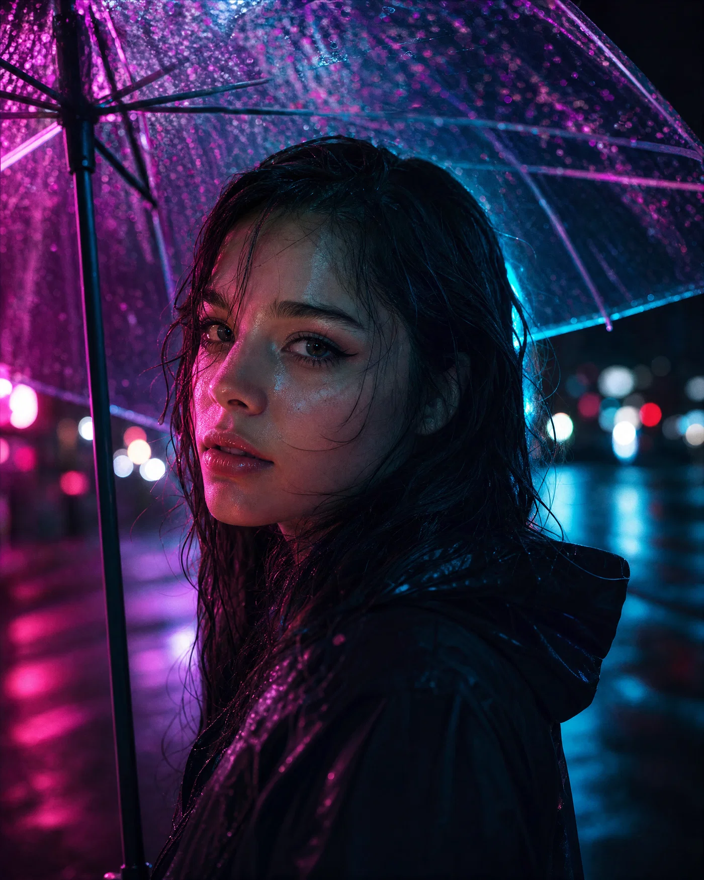Neon-lit rainy night portrait of an adult woman under a clear umbrella with reflections.