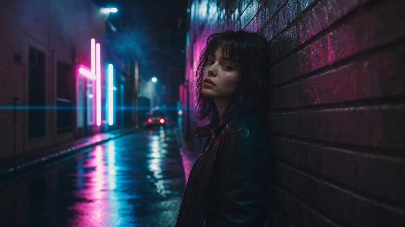 Neon-noir alley portrait with wet reflections, mist, and bright horizontal anamorphic flare.