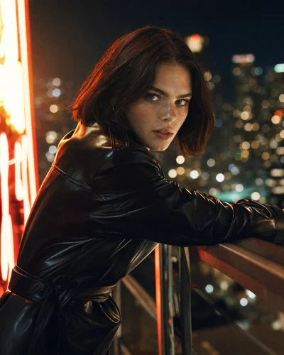 Night rooftop fashion portrait with neon edge light, soft fill, and cinematic tungsten grade.