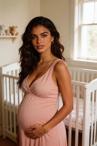 Nursery maternity portrait with blush dress and natural light