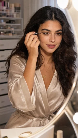 Olive-skinned beauty influencer applying eyeliner at vanity with ring light