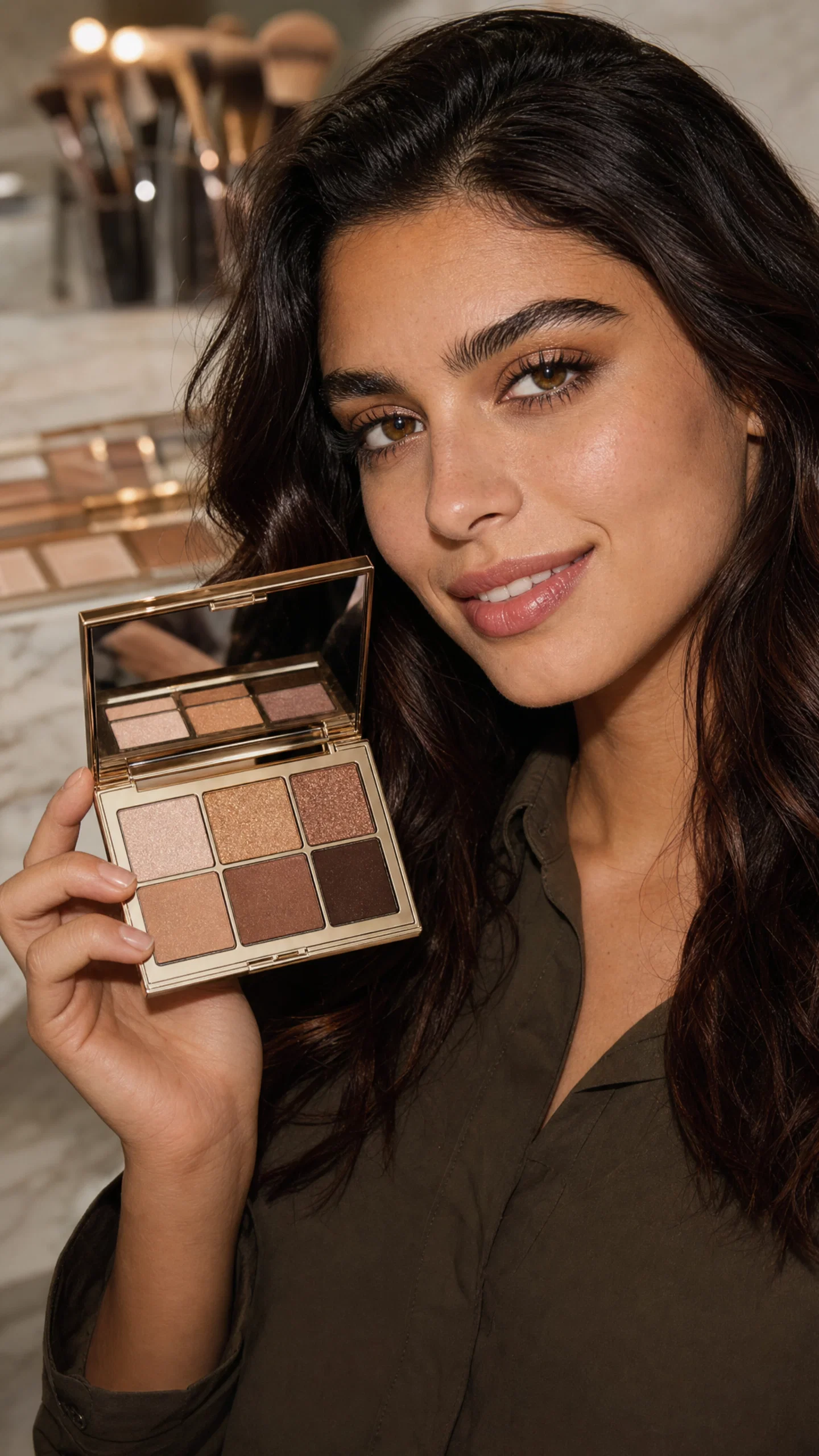 Olive-skinned beauty influencer showcasing eyeshadow palette close to face