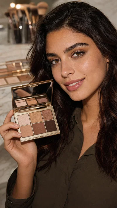 Olive-skinned beauty influencer showcasing eyeshadow palette close to face