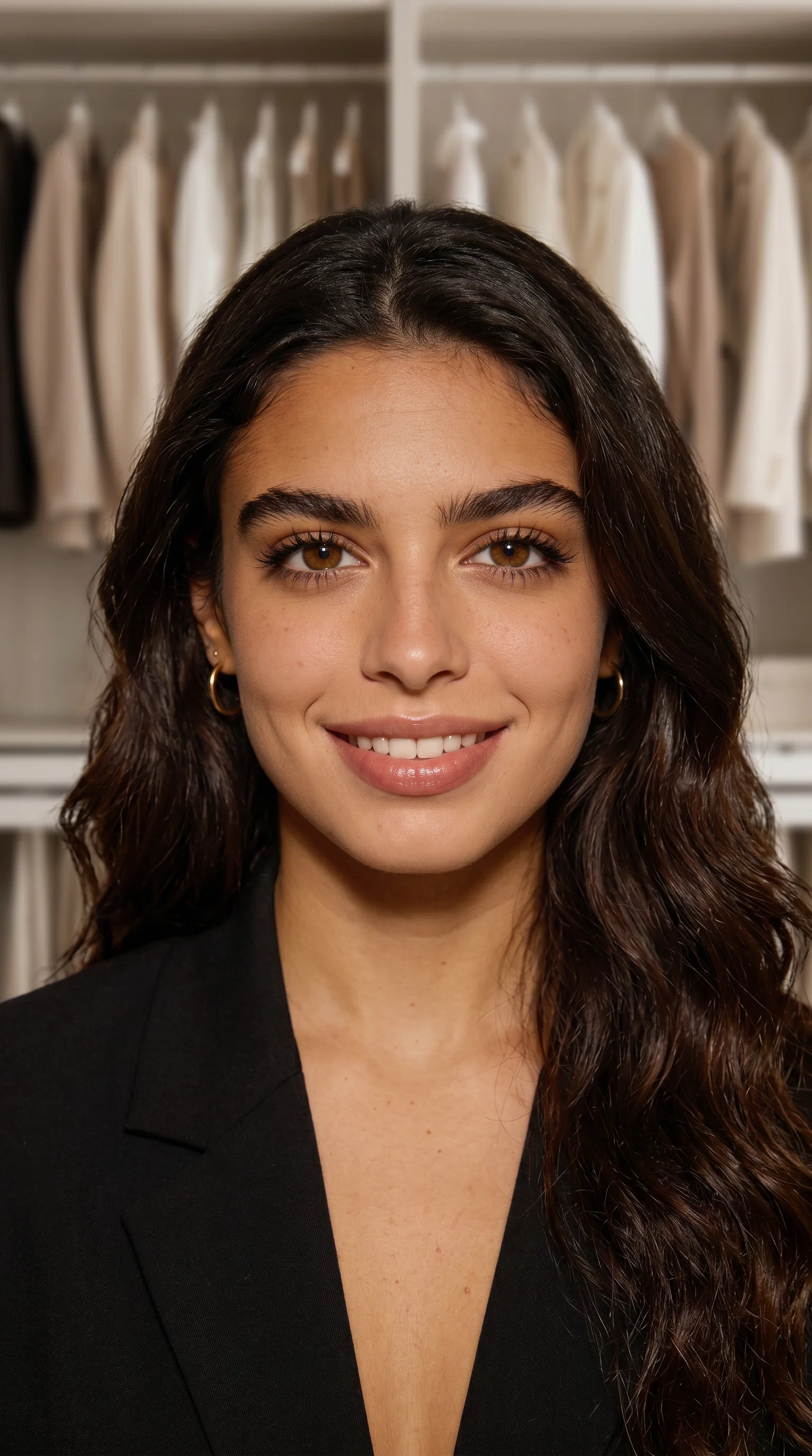 Olive-skinned fashion influencer headshot in blazer inside designer closet