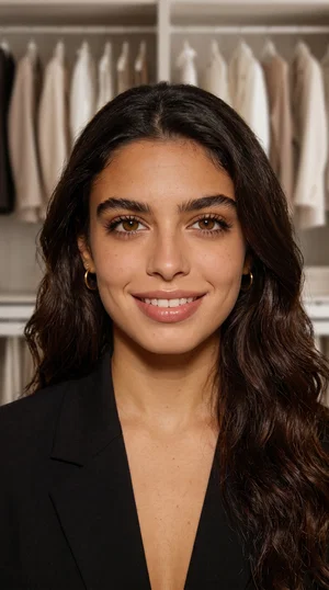 Olive-skinned fashion influencer headshot in blazer inside designer closet