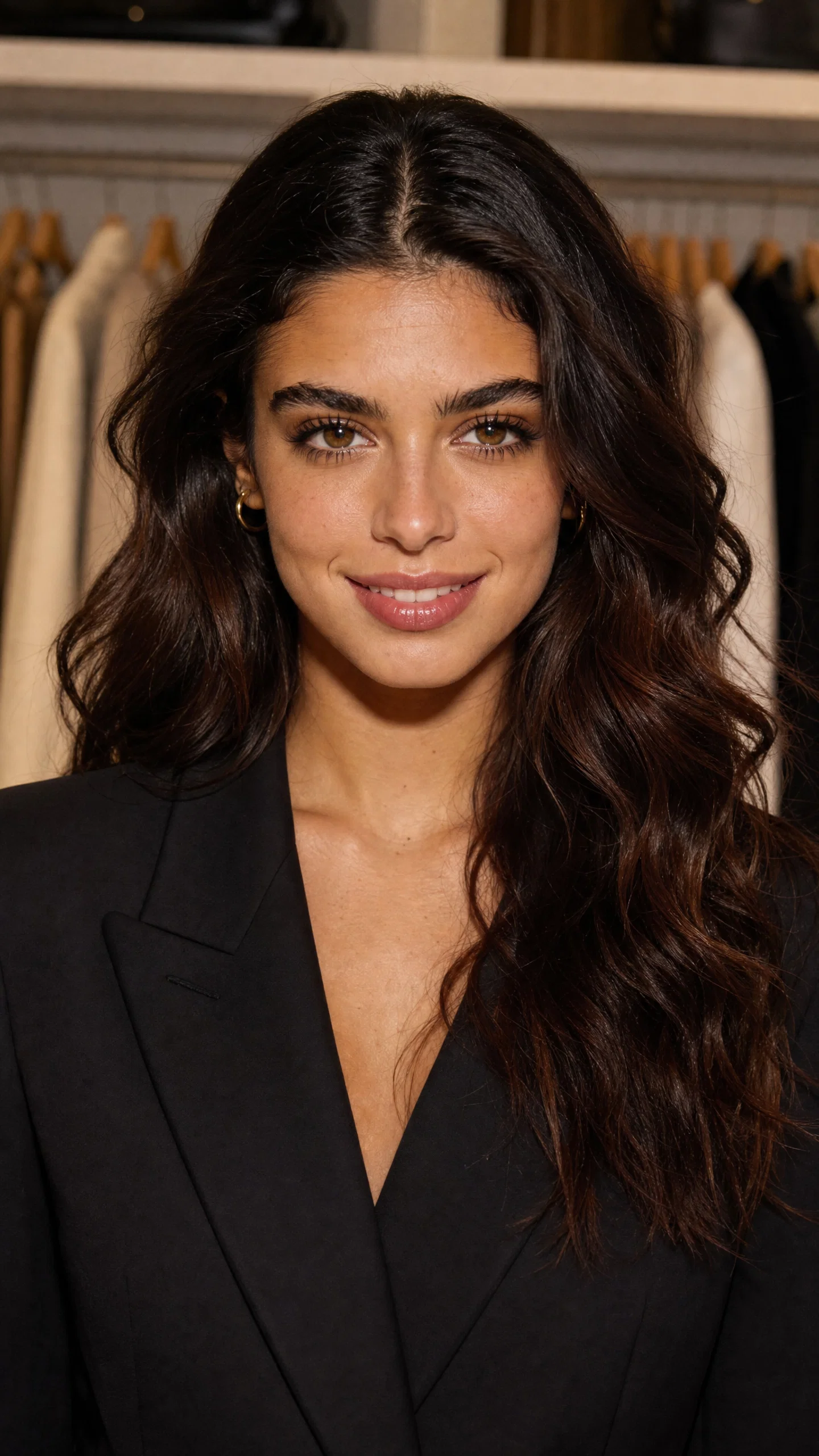 Olive-skinned fashion influencer headshot in blazer inside designer closet