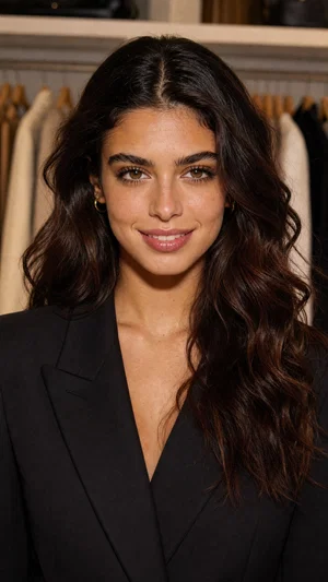 Olive-skinned fashion influencer headshot in blazer inside designer closet