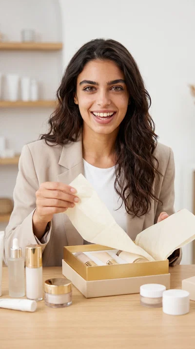 Olive-skinned influencer unboxing luxury skincare package at clean studio table