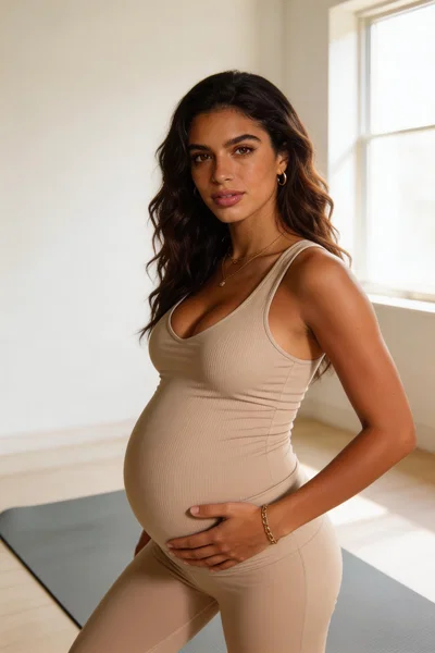 Olive-skinned pregnant woman doing prenatal stretch at home in maternity activewear