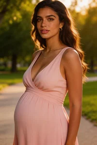 Olive-skinned pregnant woman outdoors in blush maternity gown at golden hour