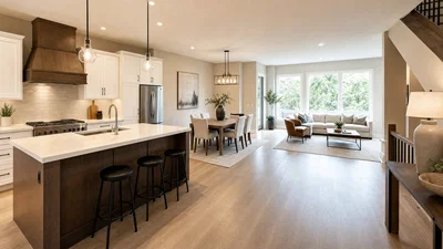 Open-plan interior showing kitchen, dining, and living areas, shot at 16mm with balanced HDR.
