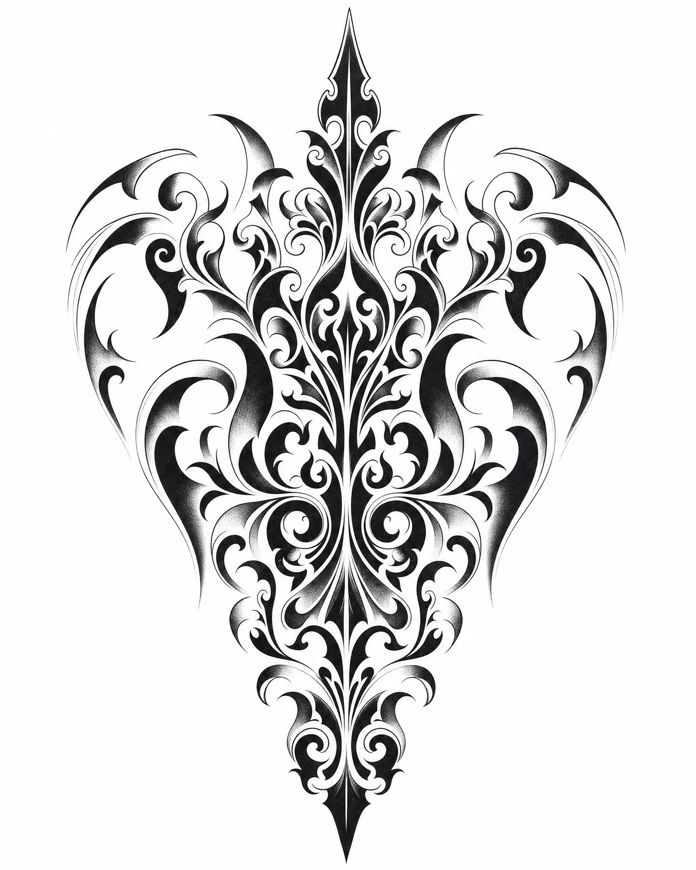 Ornamental blackwork backpiece tattoo design with whip shading and balanced negative space.