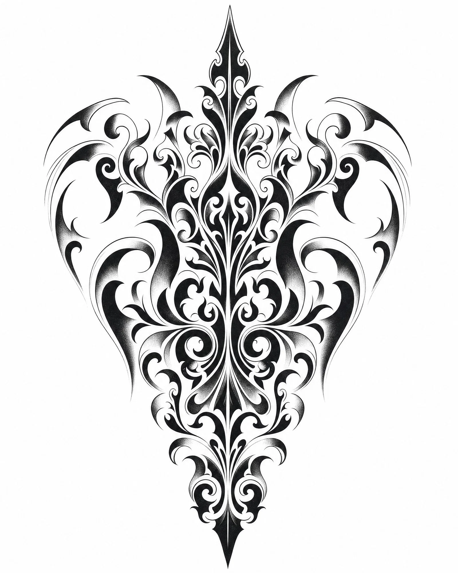 Ornamental blackwork backpiece tattoo design with whip shading and balanced negative space.