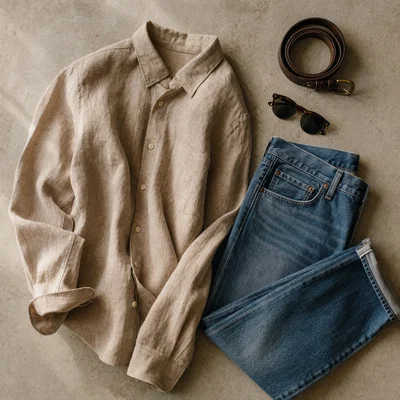 Overhead outfit flat-lay on concrete with soft directional light revealing fabric texture.