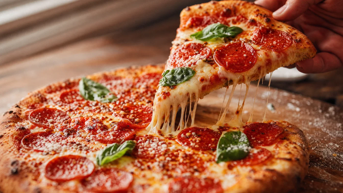 Pepperoni pizza slice being lifted with cheese stretch on wooden board in warm side light.
