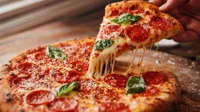 Pepperoni pizza slice being lifted with cheese stretch on wooden board in warm side light.