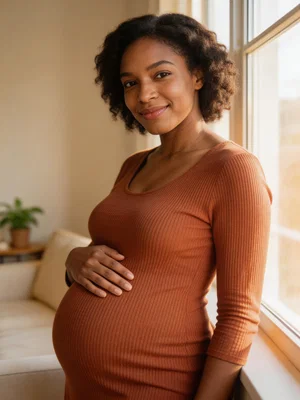 Pregnant Black woman in a warm home setting by window light