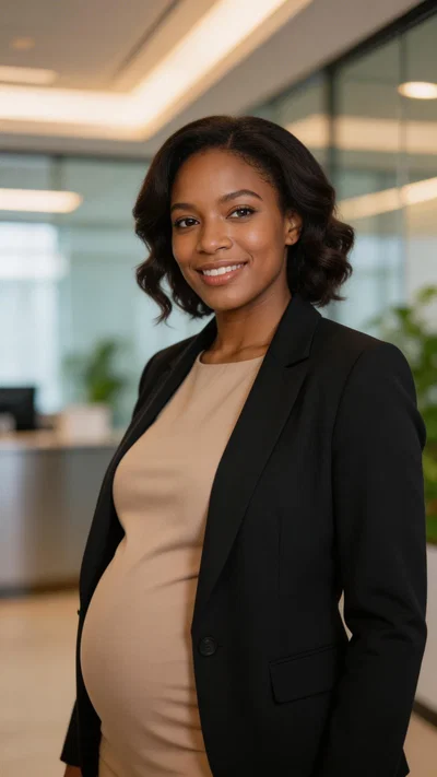 Pregnant Black woman in professional office setting wearing blazer over maternity dress