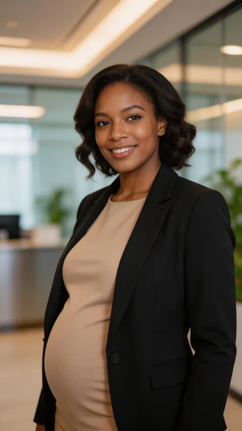 Pregnant Black woman in professional office setting wearing blazer over maternity dress