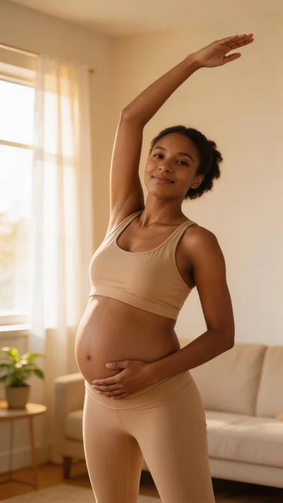 Pregnant Black woman practicing prenatal yoga at home in maternity activewear