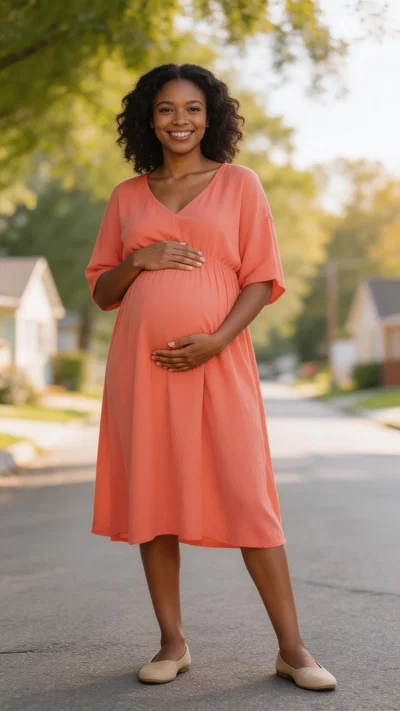 Pregnant Black woman standing outdoors in bright maternity dress with confident smile