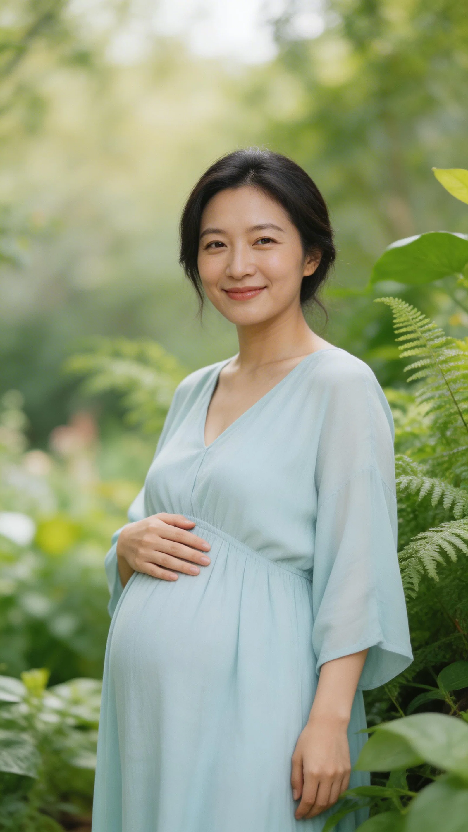 Pregnant East Asian woman in botanical garden wearing pastel maternity dress