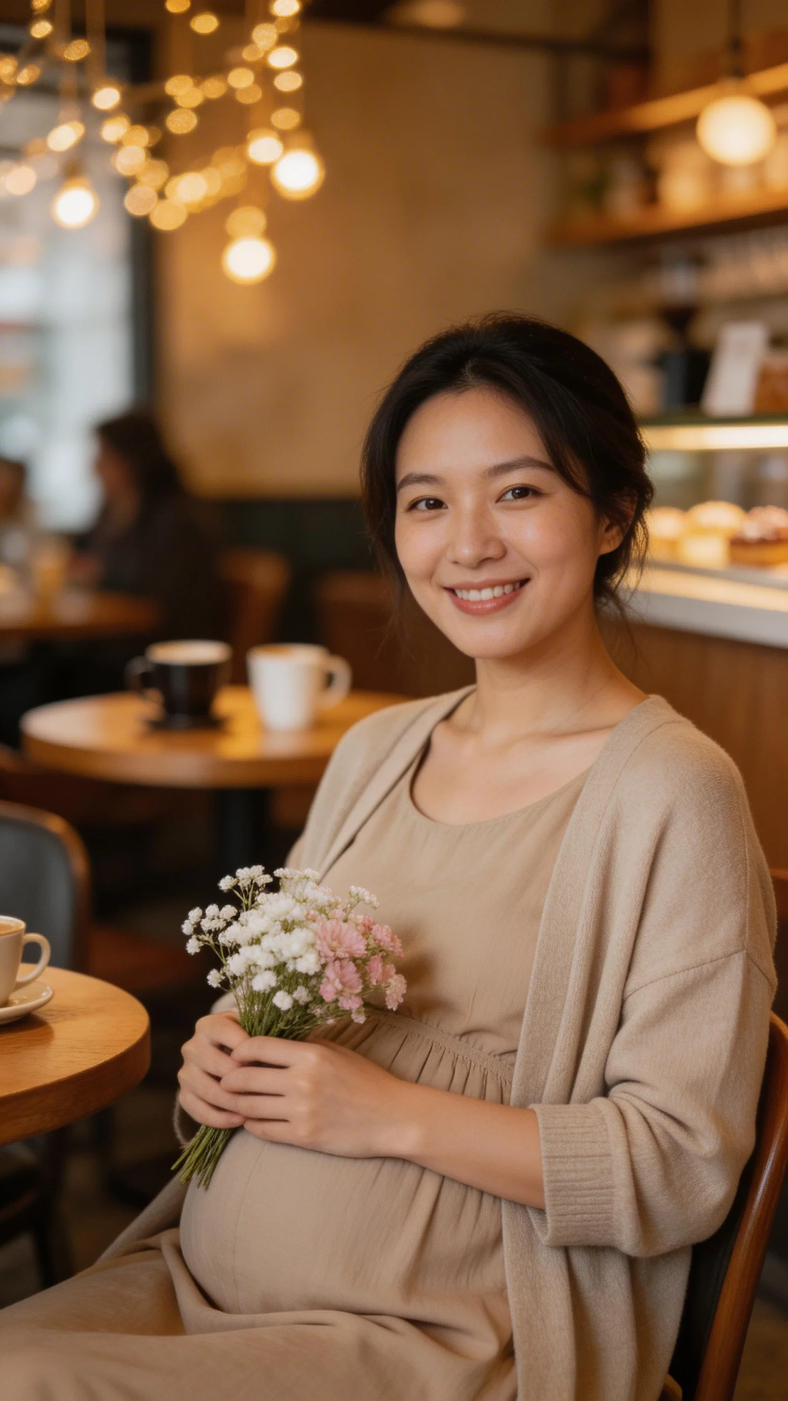 Pregnant East Asian woman seated in cafe holding bouquet in warm light