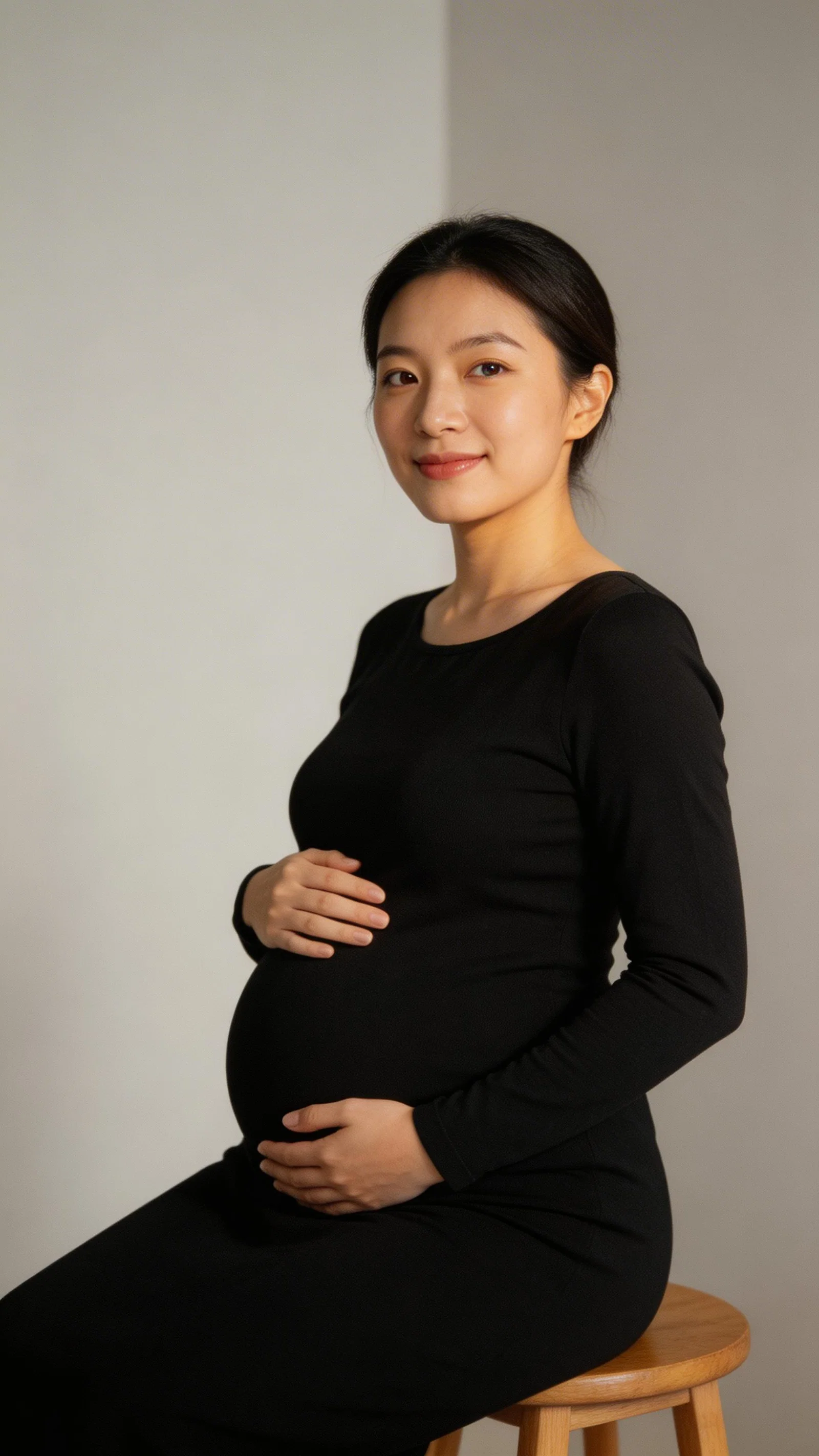 Pregnant East Asian woman seated in home studio setup with soft lighting