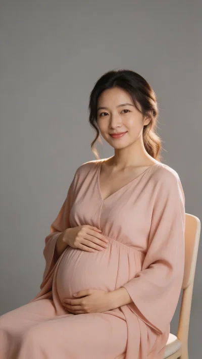 Pregnant East Asian woman seated in studio wearing soft pink maternity gown