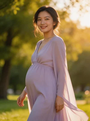 Pregnant East Asian woman walking outdoors in golden-hour maternity gown