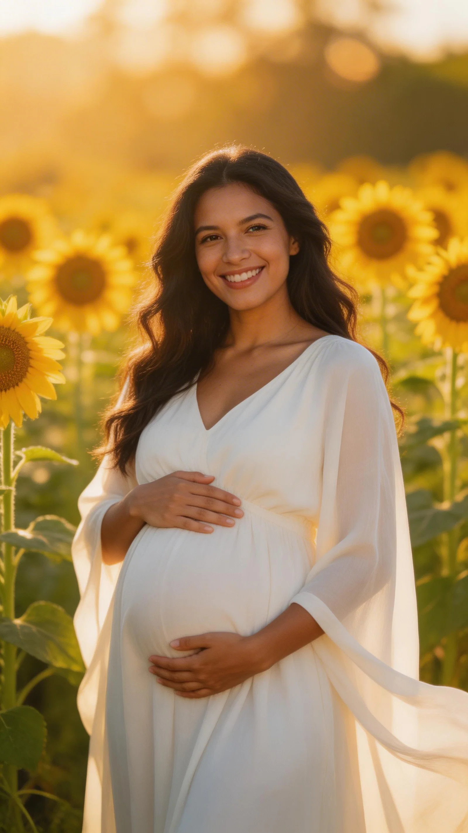 Pregnant Latina woman in sunflower field wearing flowing white maternity dress
